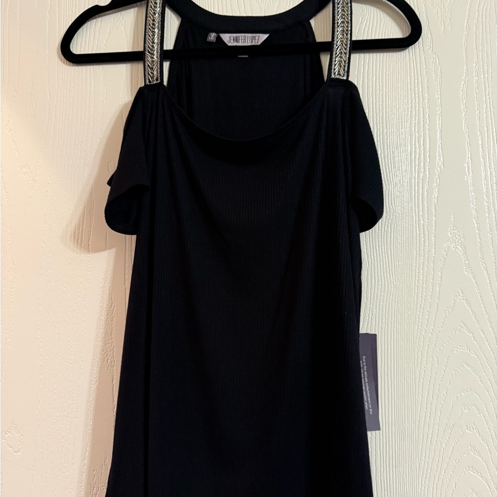 Jennifer Lopez Black Cold-Shoulder Tank with Embellished Straps